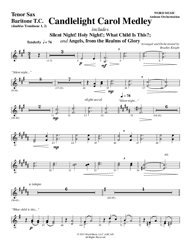 Candlelight Carol Medley (Choral Anthem SATB) Tenor Sax/Baritone T.C. (Word Music Choral / Arr. Bradley Knight)