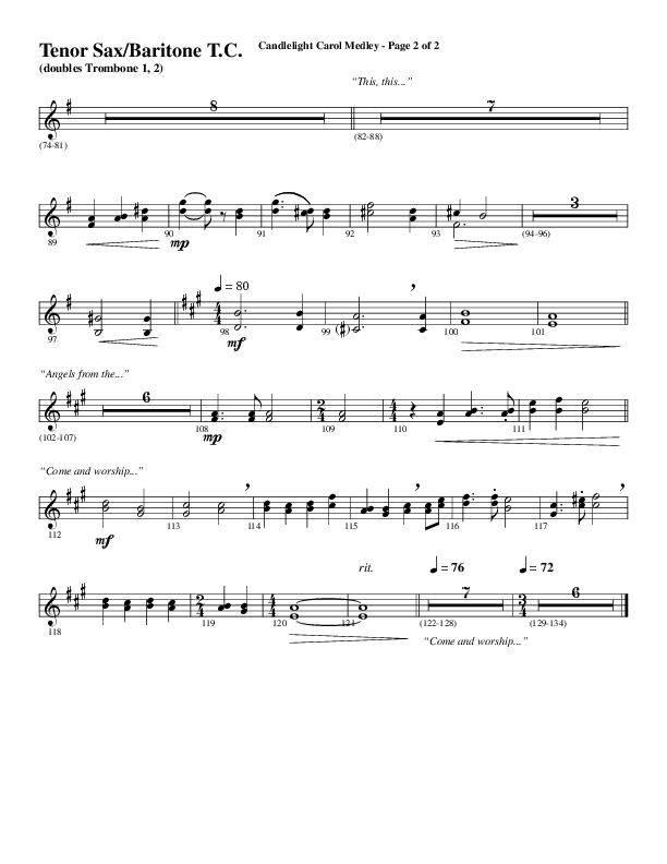 Candlelight Carol Medley (Choral Anthem SATB) Tenor Sax/Baritone T.C. (Word Music Choral / Arr. Bradley Knight)