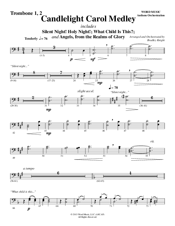 Candlelight Carol Medley (Choral Anthem SATB) Trombone 1/2 (Word Music Choral / Arr. Bradley Knight)