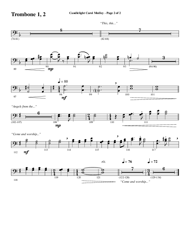 Candlelight Carol Medley (Choral Anthem SATB) Trombone 1/2 (Word Music Choral / Arr. Bradley Knight)