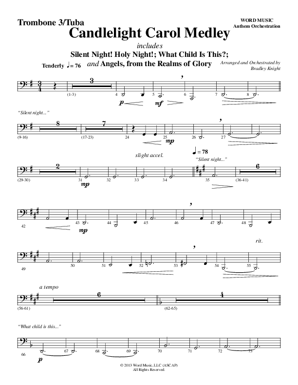 Candlelight Carol Medley (Choral Anthem SATB) Trombone 3/Tuba (Word Music Choral / Arr. Bradley Knight)