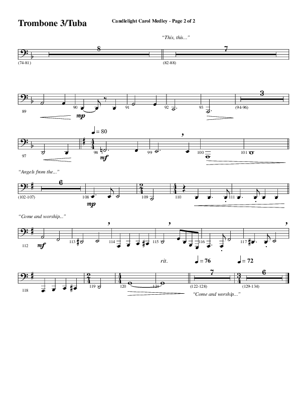 Candlelight Carol Medley (Choral Anthem SATB) Trombone 3/Tuba (Word Music Choral / Arr. Bradley Knight)