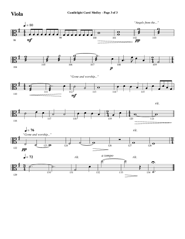 Candlelight Carol Medley (Choral Anthem SATB) Viola (Word Music Choral / Arr. Bradley Knight)