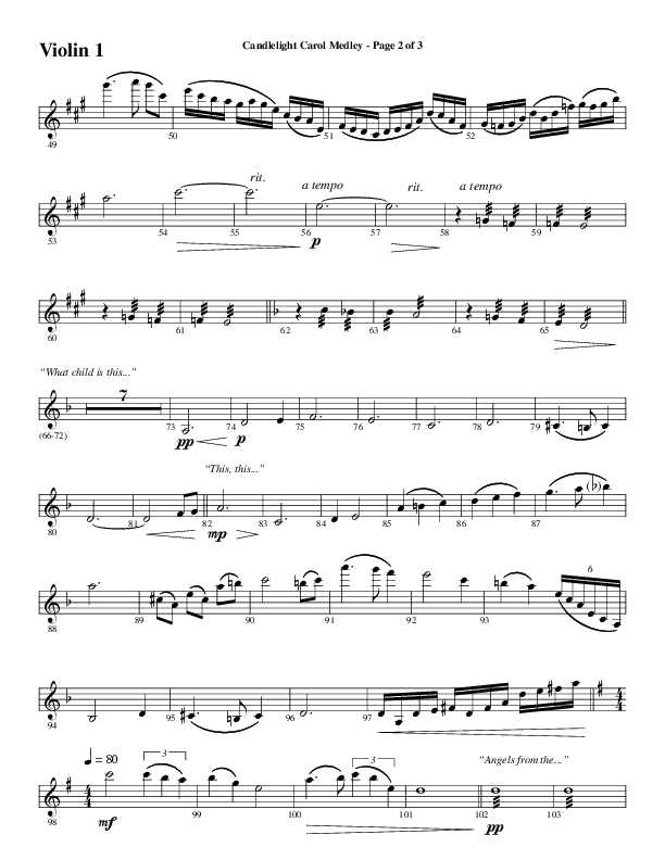 Candlelight Carol Medley (Choral Anthem SATB) Violin 1 (Word Music Choral / Arr. Bradley Knight)