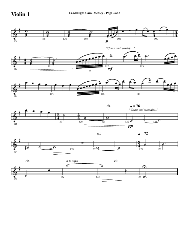 Candlelight Carol Medley (Choral Anthem SATB) Violin 1 (Word Music Choral / Arr. Bradley Knight)