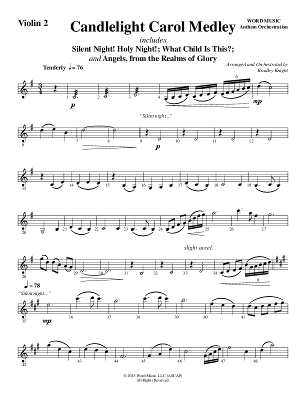 Candlelight Carol Medley (Choral Anthem SATB) Violin 2 (Word Music Choral / Arr. Bradley Knight)