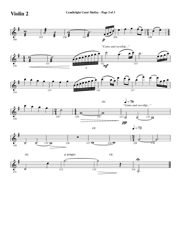 Candlelight Carol Medley (Choral Anthem SATB) Violin 2 (Word Music Choral / Arr. Bradley Knight)