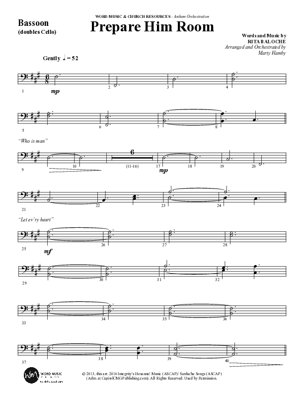 Prepare Him Room (Choral Anthem SATB) Bassoon (Word Music Choral / Arr. Marty Hamby)