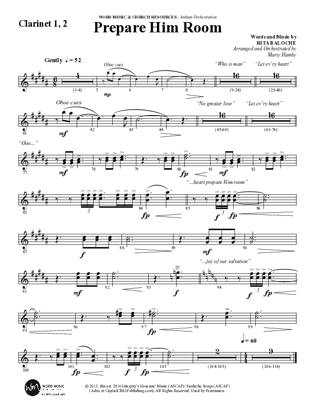 Prepare Him Room (Choral Anthem SATB) Clarinet 1/2 (Word Music Choral / Arr. Marty Hamby)