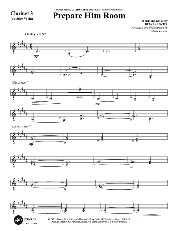 Prepare Him Room (Choral Anthem SATB) Clarinet 3 (Word Music Choral / Arr. Marty Hamby)