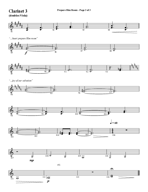 Prepare Him Room (Choral Anthem SATB) Clarinet 3 (Word Music Choral / Arr. Marty Hamby)