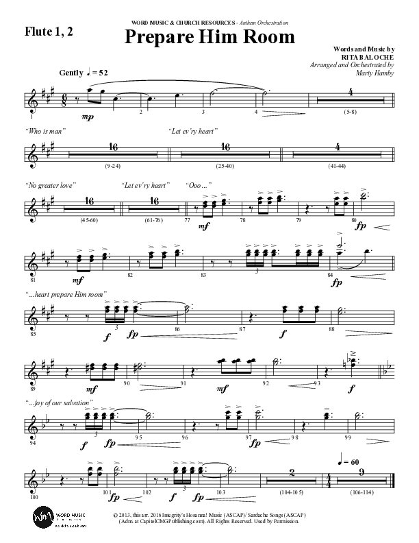 Prepare Him Room (Choral Anthem SATB) Flute 1/2 (Word Music Choral / Arr. Marty Hamby)
