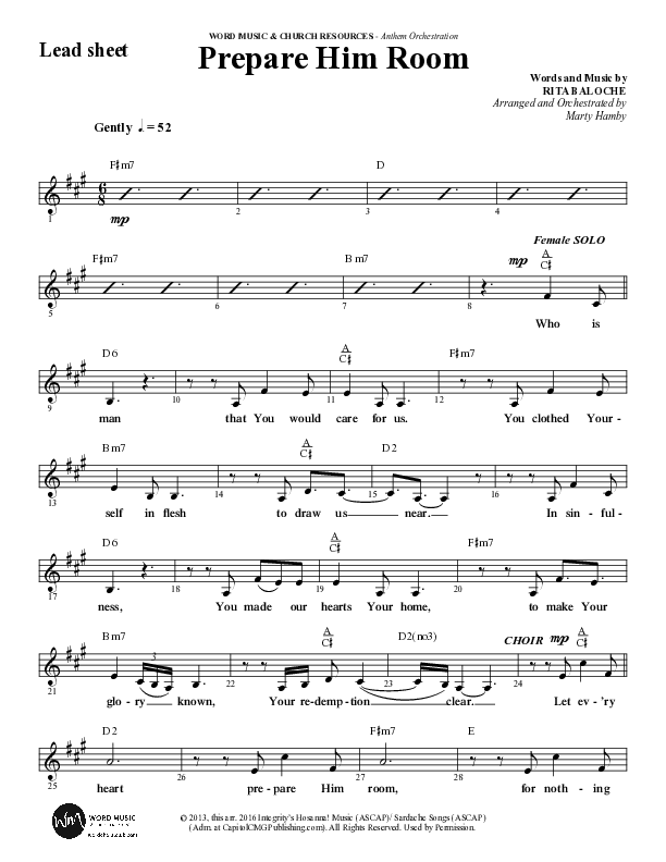 Prepare Him Room (Choral Anthem SATB) Lead Sheet (Melody) (Word Music Choral / Arr. Marty Hamby)