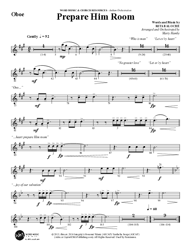 Prepare Him Room (Choral Anthem SATB) Oboe (Word Music Choral / Arr. Marty Hamby)