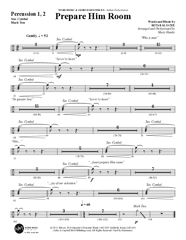 Prepare Him Room (Choral Anthem SATB) Percussion 1/2 (Word Music Choral / Arr. Marty Hamby)