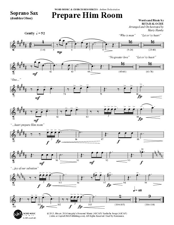 Prepare Him Room (Choral Anthem SATB) Soprano Sax (Word Music Choral / Arr. Marty Hamby)