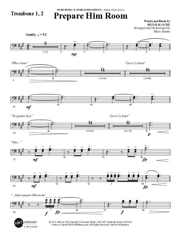 Prepare Him Room (Choral Anthem SATB) Trombone 1/2 (Word Music Choral / Arr. Marty Hamby)