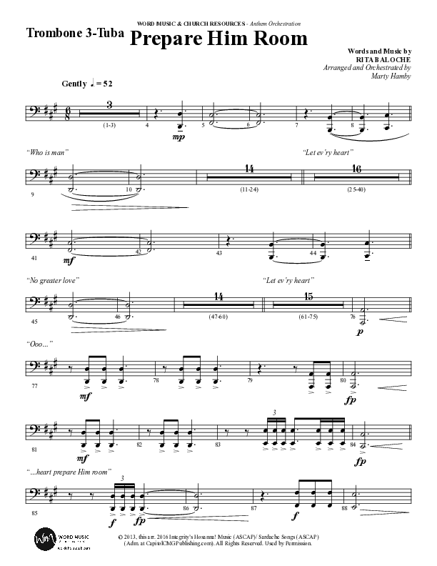 Prepare Him Room (Choral Anthem SATB) Trombone 3/Tuba (Word Music Choral / Arr. Marty Hamby)