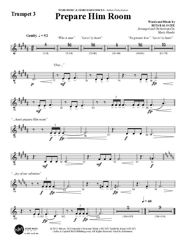 Prepare Him Room (Choral Anthem SATB) Trumpet 1,2 (Word Music Choral / Arr. Marty Hamby)