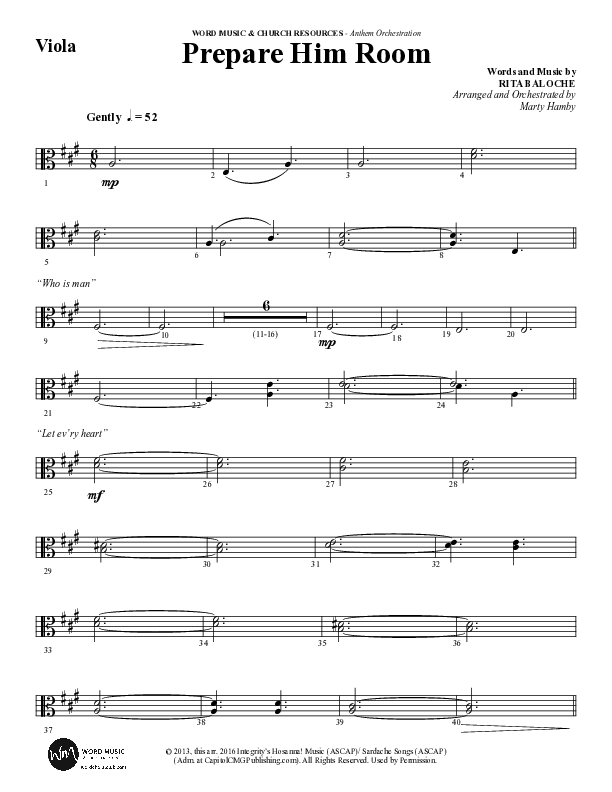 Prepare Him Room (Choral Anthem SATB) Viola (Word Music Choral / Arr. Marty Hamby)