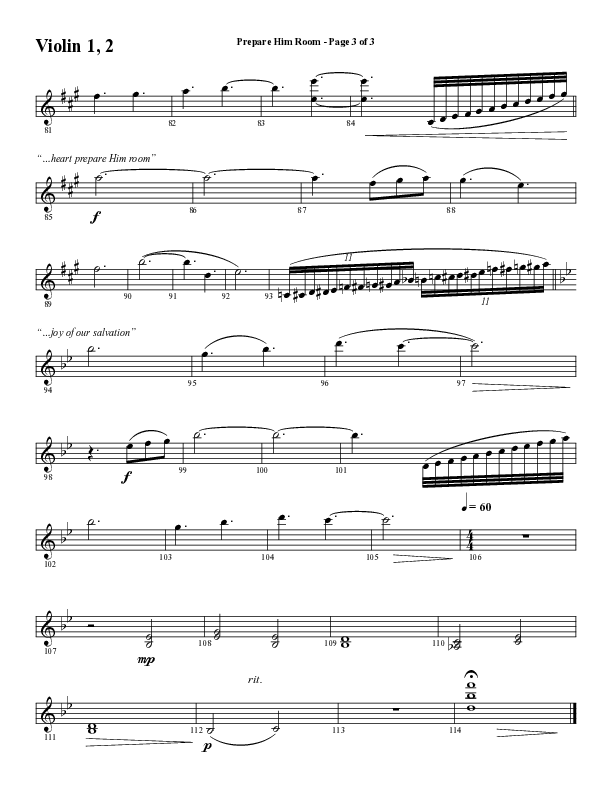 Prepare Him Room (Choral Anthem SATB) Violin 1/2 (Word Music Choral / Arr. Marty Hamby)