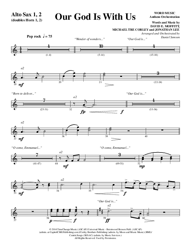 Our God Is With Us (Choral Anthem SATB) Alto Sax 1/2 (Word Music Choral / Arr. Daniel Semsen)