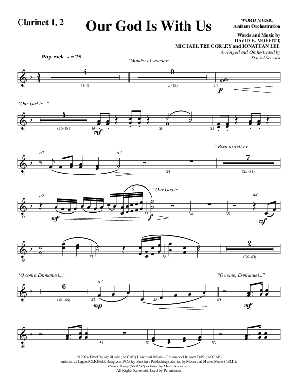 Our God Is With Us (Choral Anthem SATB) Clarinet 1/2 (Word Music Choral / Arr. Daniel Semsen)