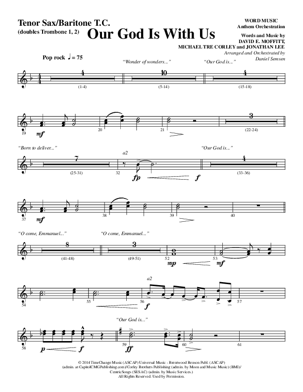 Our God Is With Us (Choral Anthem SATB) Tenor Sax/Baritone T.C. (Word Music Choral / Arr. Daniel Semsen)