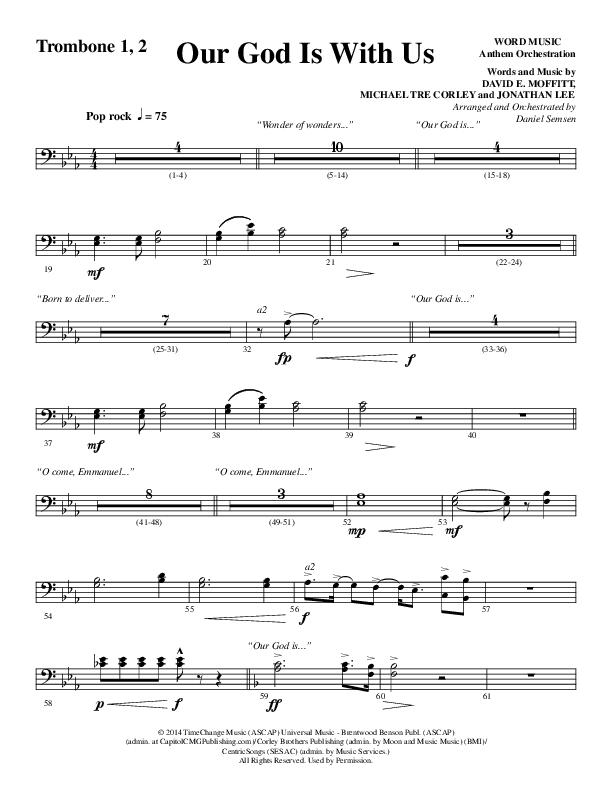 Our God Is With Us (Choral Anthem SATB) Trombone 1/2 (Word Music Choral / Arr. Daniel Semsen)