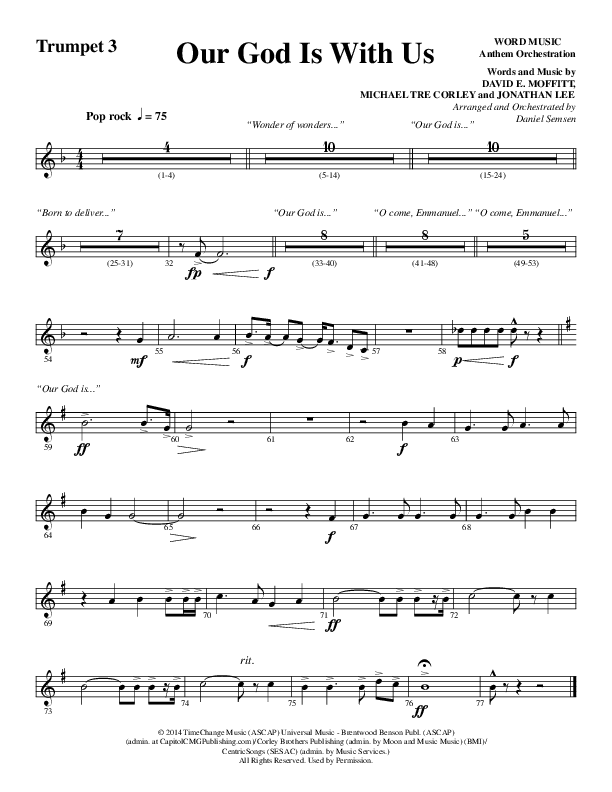 Our God Is With Us (Choral Anthem SATB) Trumpet 3 (Word Music Choral / Arr. Daniel Semsen)