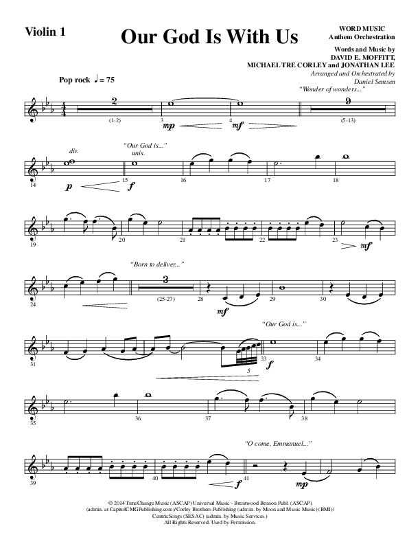 Our God Is With Us (Choral Anthem SATB) Violin 1 (Word Music Choral / Arr. Daniel Semsen)