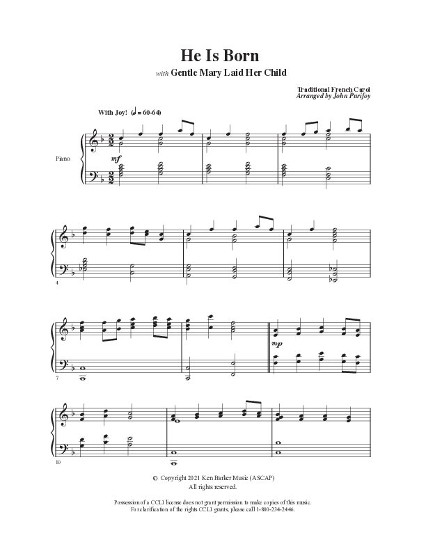 He Is Born with Gentle Mary Laid Her Child  Piano Sheet (Ken Barker)