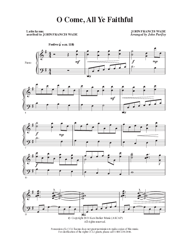 O Come All Ye Faithful  Piano Sheet (Ken Barker)