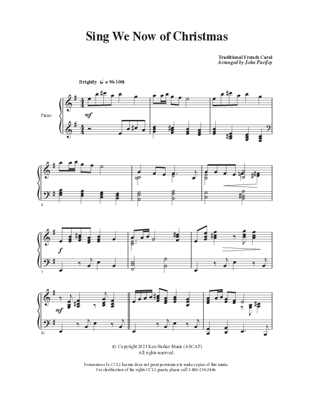 Sing We Now Of Christmas  Piano Sheet (Ken Barker)
