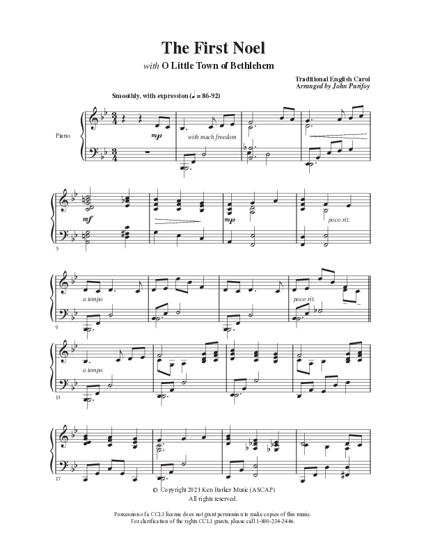 The First Noel with O Little Town Of Bethlehem  Piano Sheet (Ken Barker)