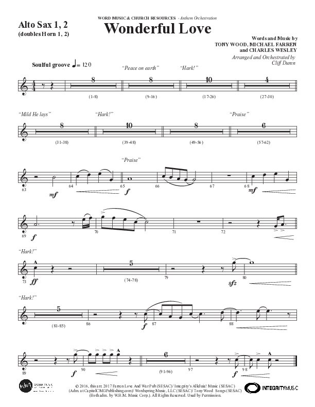 Wonderful Love (Choral Anthem SATB) Alto Sax 1/2 (Word Music Choral / Arr. Cliff Duren)