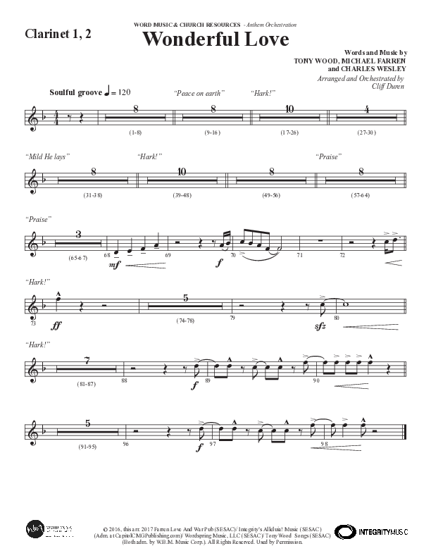 Wonderful Love (Choral Anthem SATB) Clarinet 1/2 (Word Music Choral / Arr. Cliff Duren)
