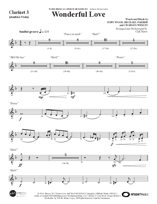 Wonderful Love (Choral Anthem SATB) Clarinet 3 (Word Music Choral / Arr. Cliff Duren)