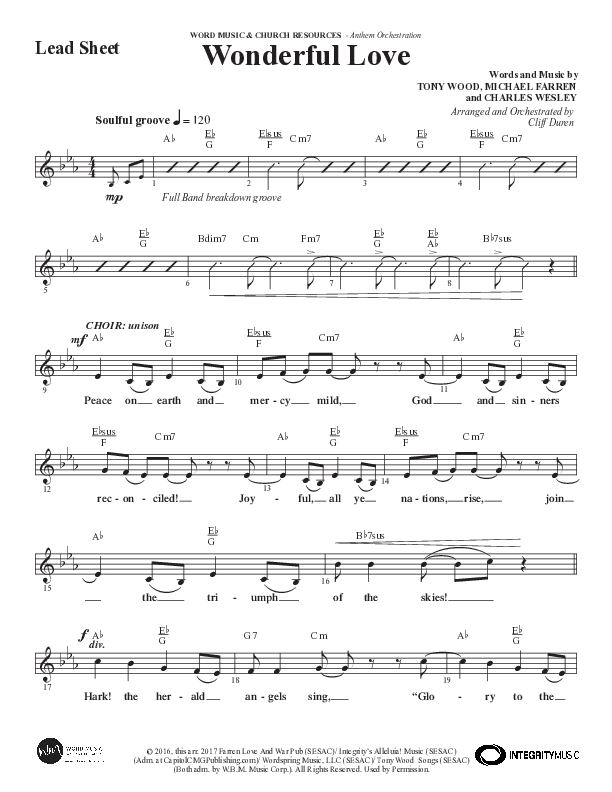 Wonderful Love (Choral Anthem SATB) Lead Sheet (Melody) (Word Music Choral / Arr. Cliff Duren)