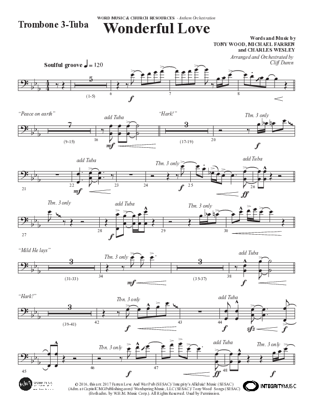 Wonderful Love (Choral Anthem SATB) Trombone 3/Tuba (Word Music Choral / Arr. Cliff Duren)