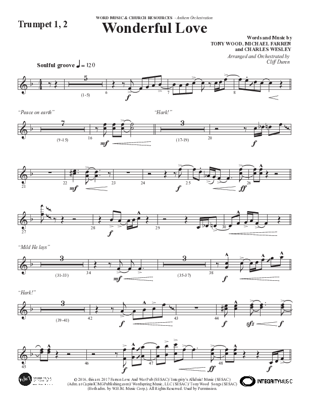 Wonderful Love (Choral Anthem SATB) Trumpet 1,2 (Word Music Choral / Arr. Cliff Duren)