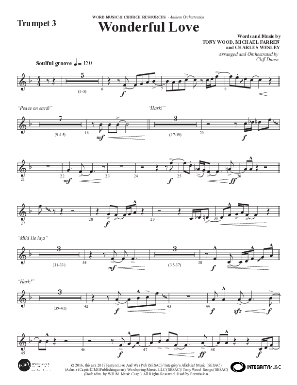Wonderful Love (Choral Anthem SATB) Trumpet 3 (Word Music Choral / Arr. Cliff Duren)