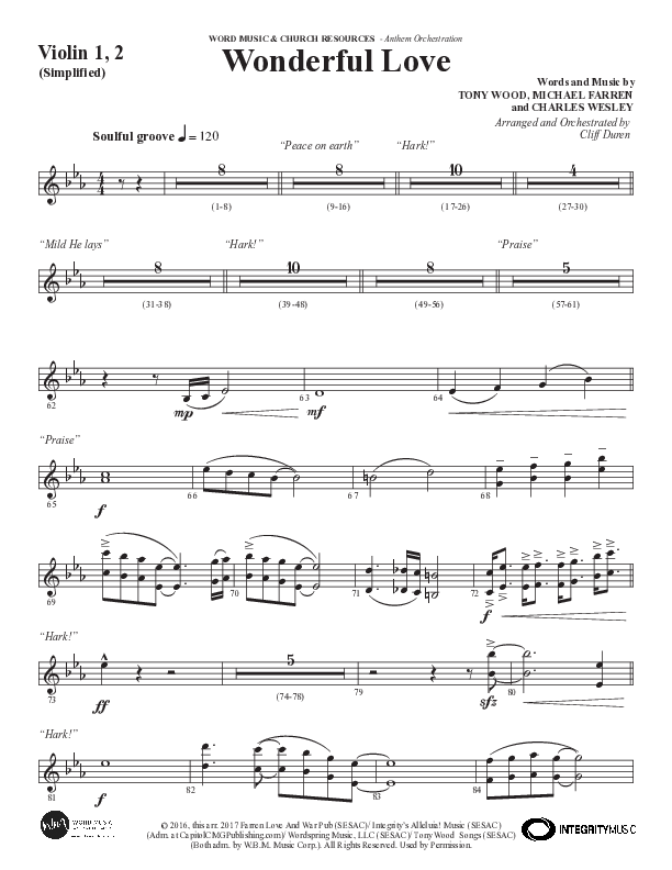 Wonderful Love (Choral Anthem SATB) Violin 1/2 (Word Music Choral / Arr. Cliff Duren)