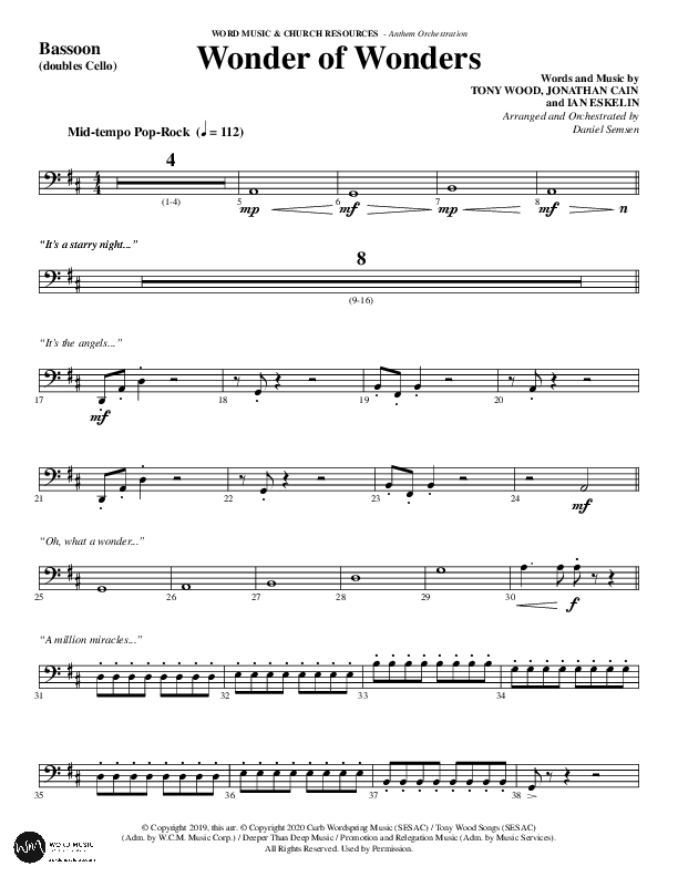 Wonder Of Wonders (Choral Anthem SATB) Bassoon (Word Music Choral / Arr. Daniel Semsen)