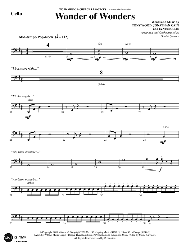 Wonder Of Wonders (Choral Anthem SATB) Cello (Word Music Choral / Arr. Daniel Semsen)