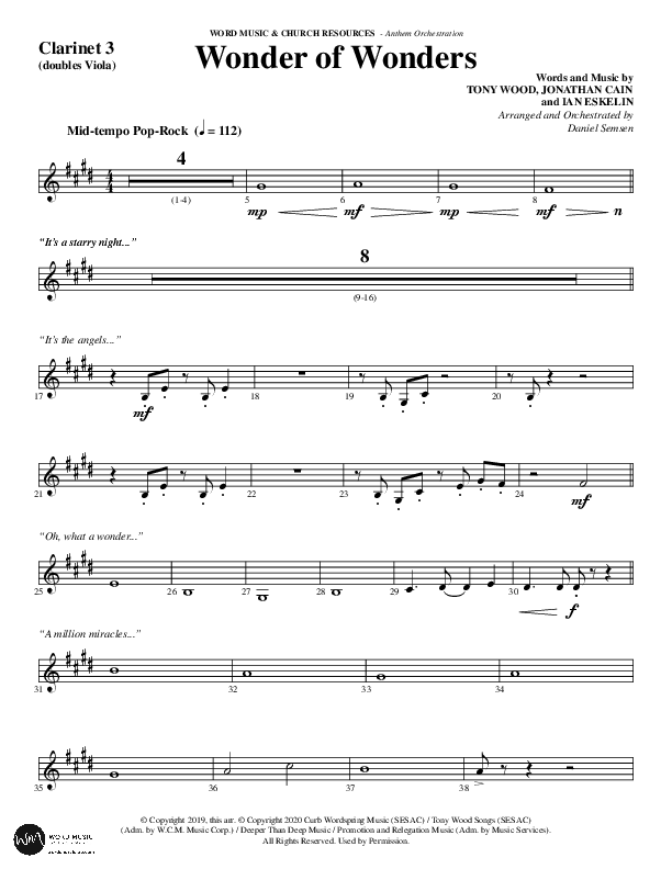 Wonder Of Wonders (Choral Anthem SATB) Clarinet 3 (Word Music Choral / Arr. Daniel Semsen)