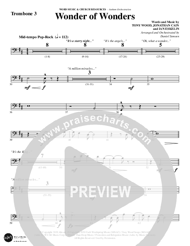Wonder Of Wonders (Choral Anthem SATB) Trombone 3 (Word Music Choral / Arr. Daniel Semsen)