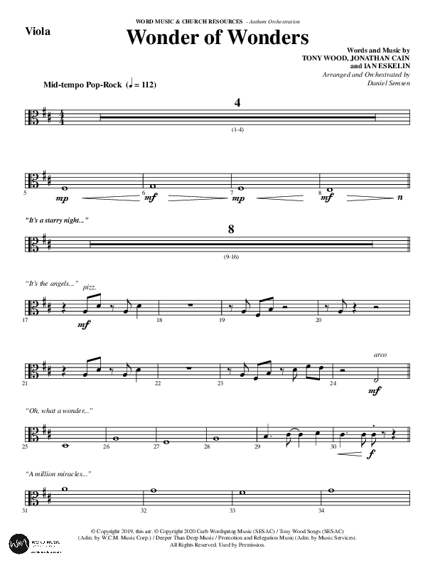 Wonder Of Wonders (Choral Anthem SATB) Viola (Word Music Choral / Arr. Daniel Semsen)