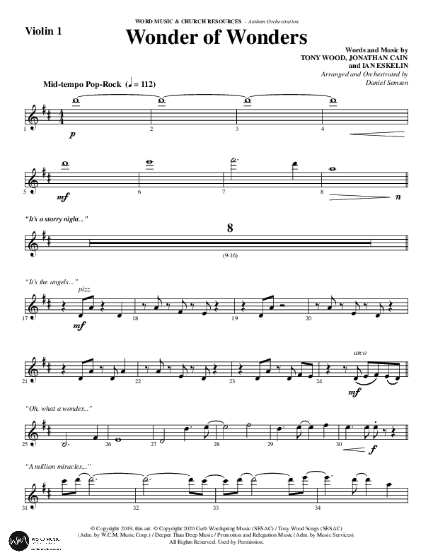 Wonder Of Wonders (Choral Anthem SATB) Violin 1 (Word Music Choral / Arr. Daniel Semsen)
