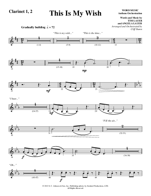 This Is My Wish (Choral Anthem SATB) Clarinet 1/2 (Word Music Choral / Arr. Cliff Duren)